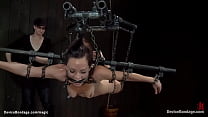 Red head lesbian slave Bryn Blayne is suspended from chains and gagged with metal and whipped and cattle prodded then stapped in device and toyed by lezdom Claire Adams